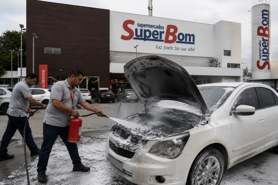 Veículo é atingido por incêndio em estacionamento de supermercado na Baixada Campista